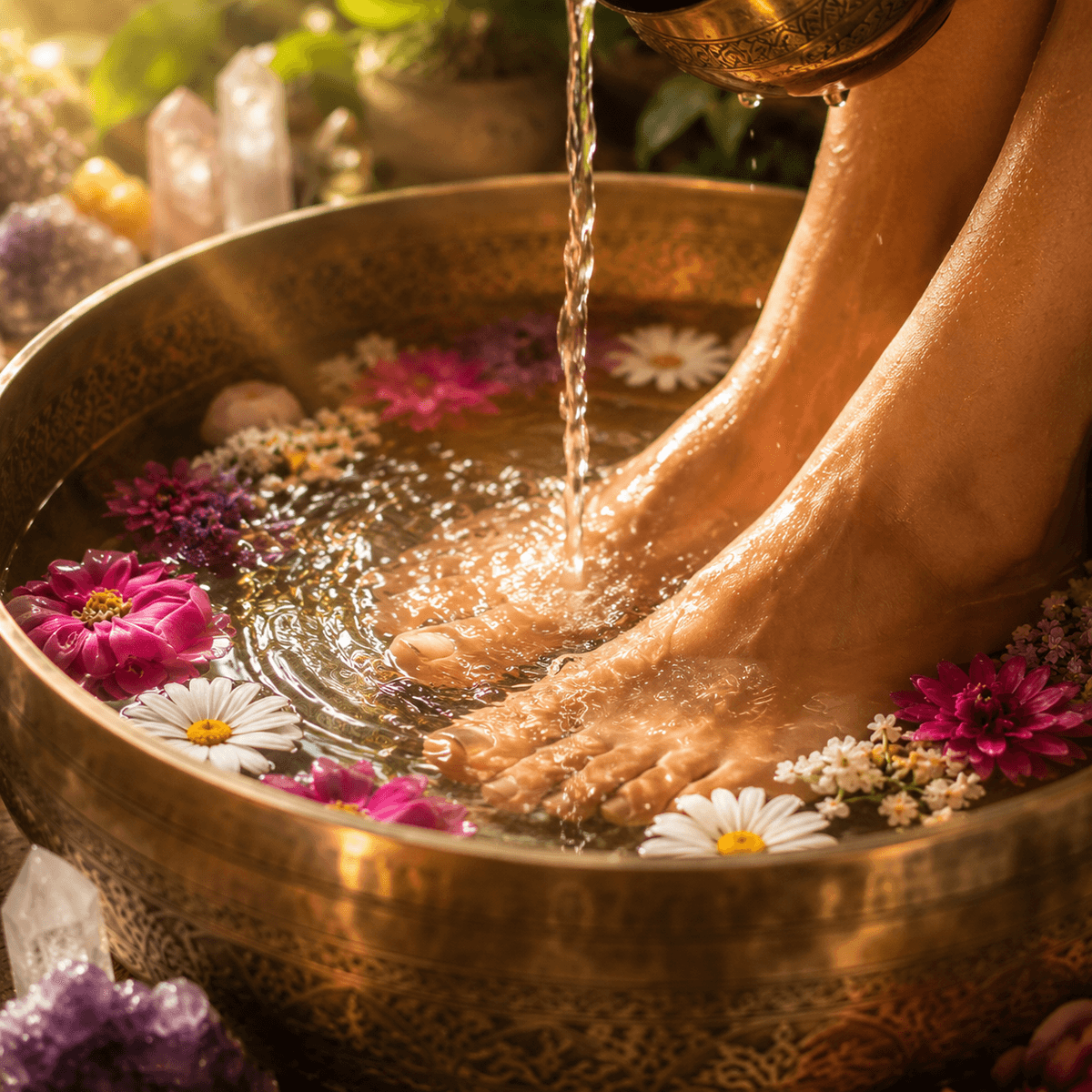 Pouring water over foot bath